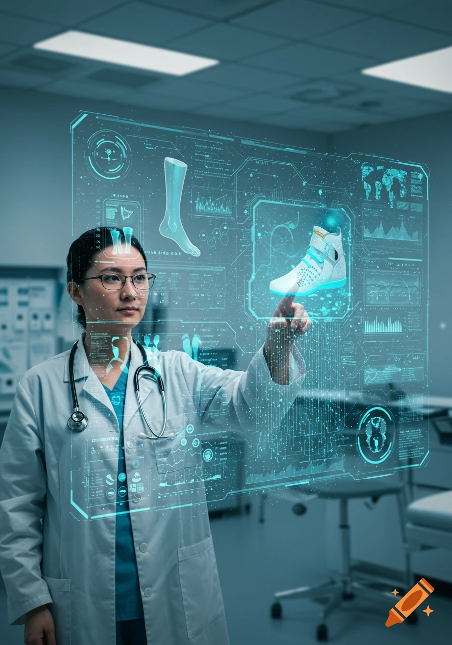 A doctor interacts with a holographic medical display showing a prosthetic leg and an orthopedic shoe in a hospital setting.