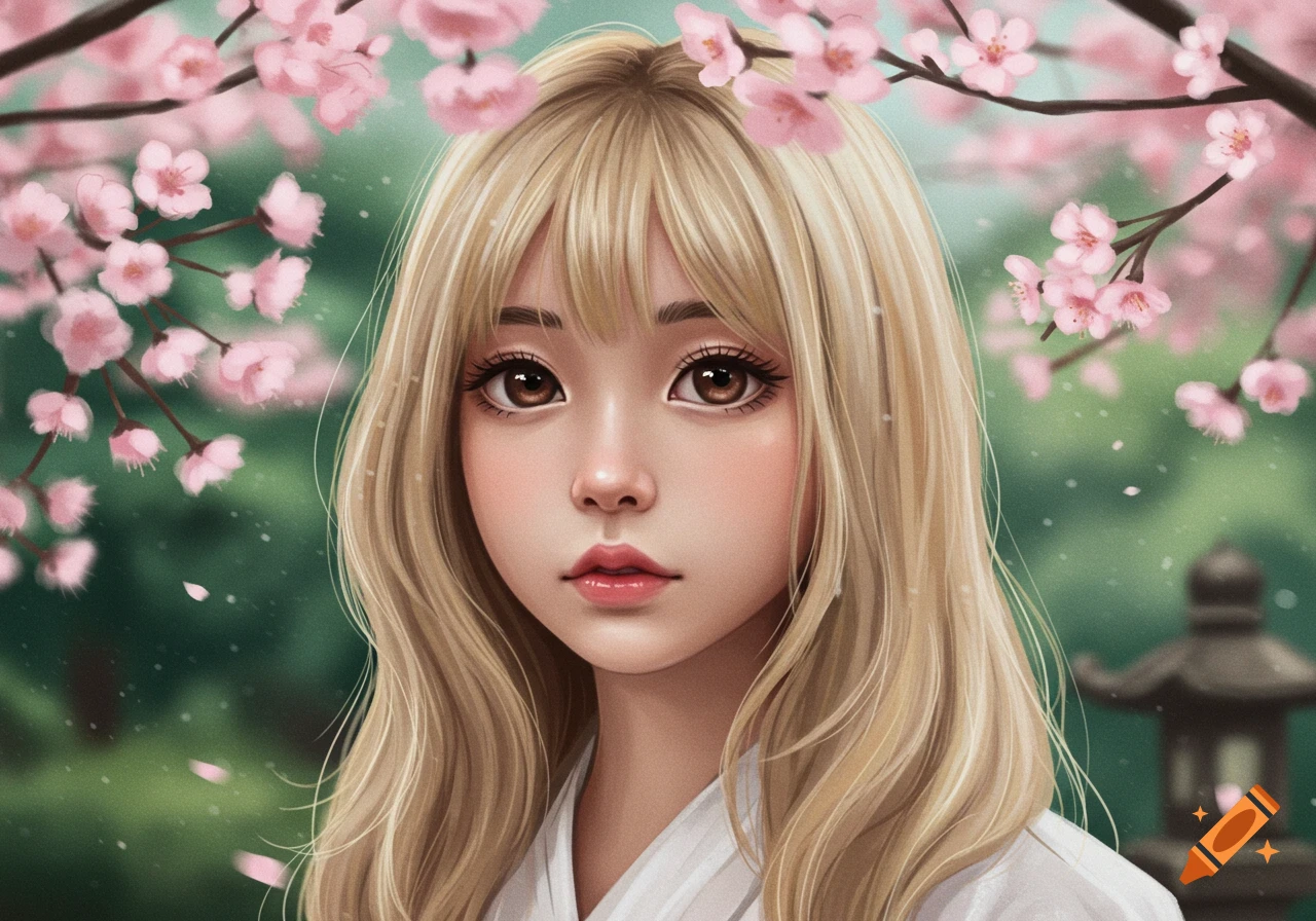 A stylized digital painting of a young girl with blonde hair and large eyes, framed by pink cherry blossoms in a garden setting.