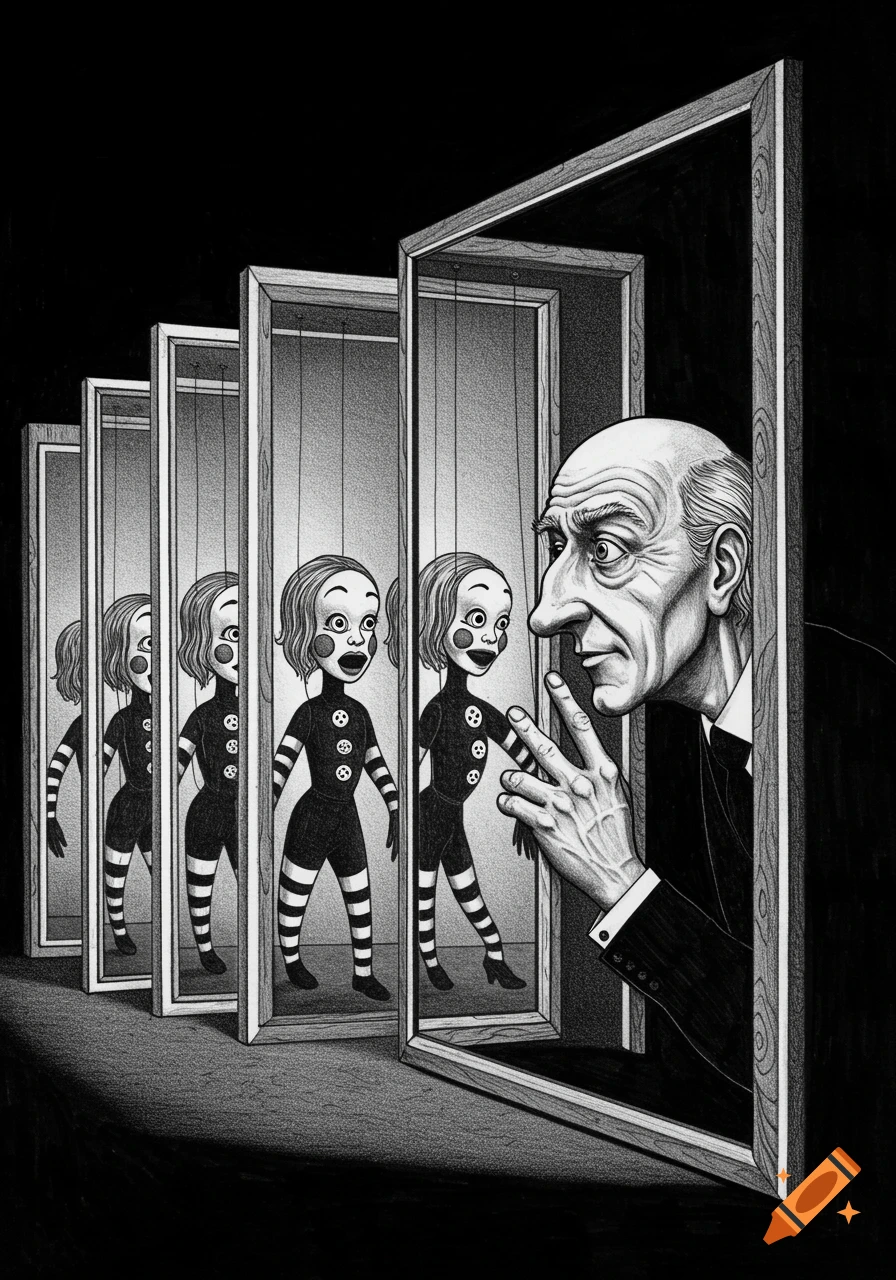 Black and white drawing of an old man in a suit looking into a series of frames, each showing a progressively more distorted puppet figure.