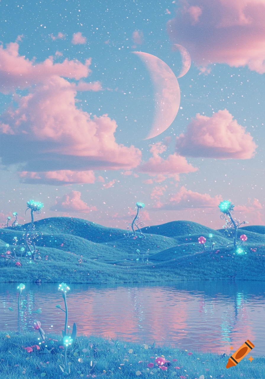Surreal landscape with pink clouds, crescent moons, and glowing blue plants reflecting in a calm lake under a starry sky.
