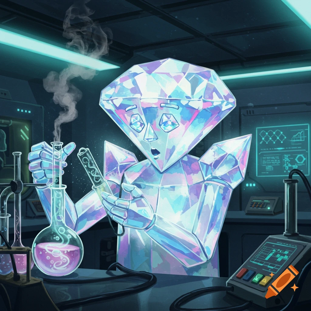 A stylized diamond character in a futuristic science lab, holding test tubes and beakers with bubbling pink liquid, surrounded by scientific equipment. Smoke rises from one test tube.