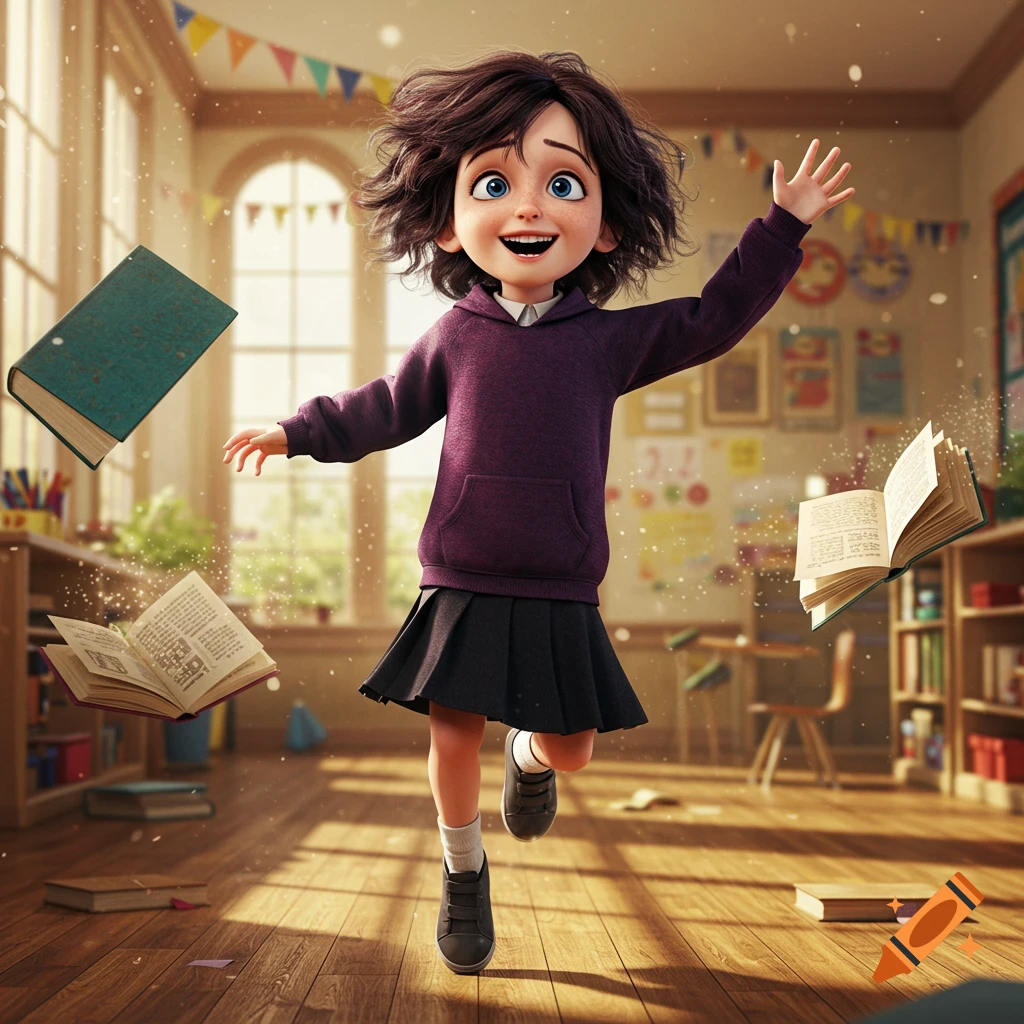 A cheerful animated girl with curly dark hair jumps in a sunny classroom, surrounded by floating books.