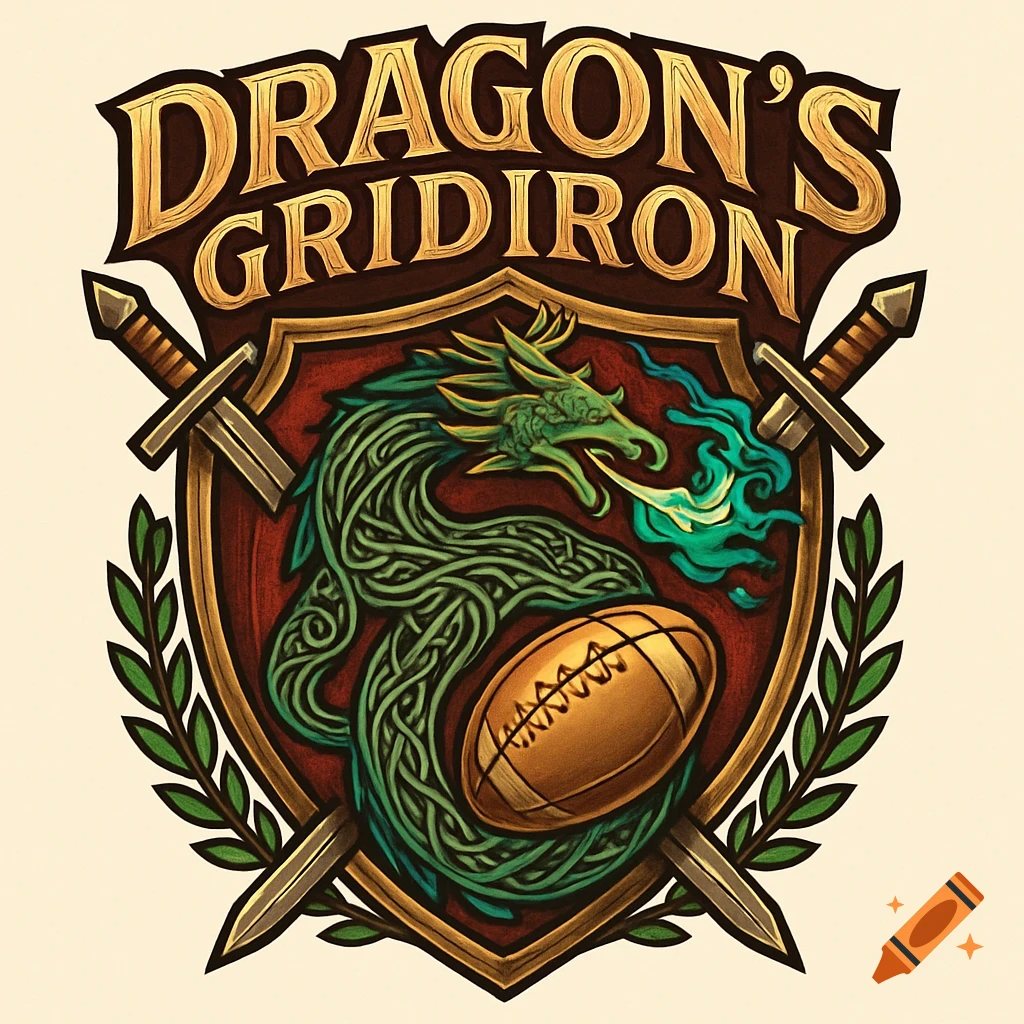 A fantasy sports logo for "Dragon's Gridiron" featuring a green dragon coiling around a football, set on a red shield with crossed swords and olive branches.