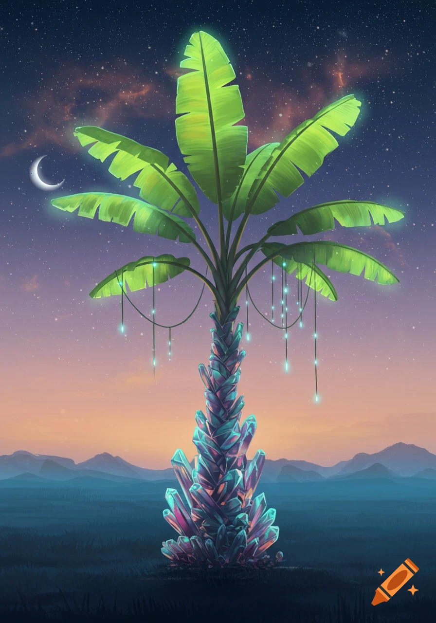 A glowing alien banana tree with a crystalline trunk stands in a field under a starry night sky with a crescent moon, digital art.