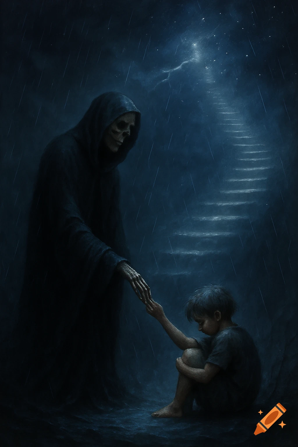A dark fantasy illustration of a cloaked skeletal figure holding hands with a child, ascending ethereal stairs in the rain.