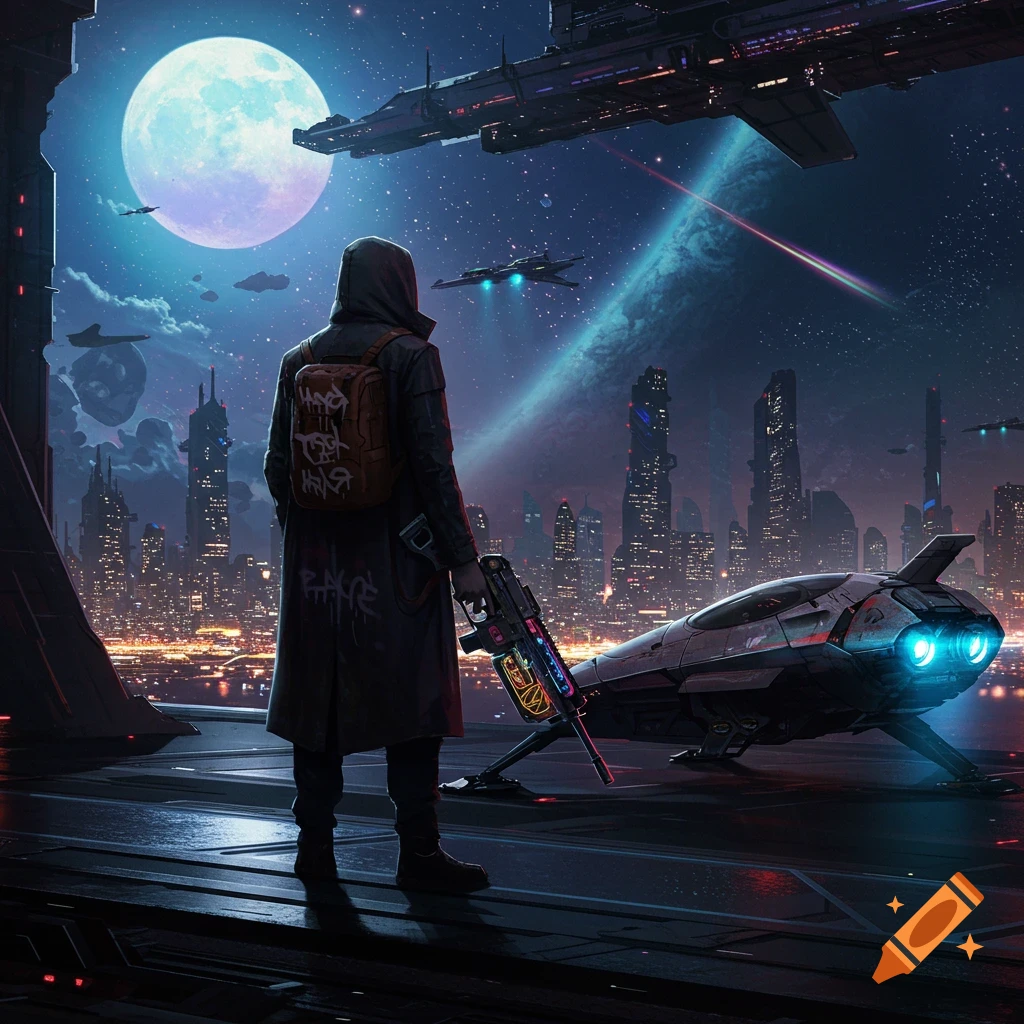 A hooded man stands on a platform, holding a laser rifle, looking out over a futuristic city and flying spaceships under a full moon.