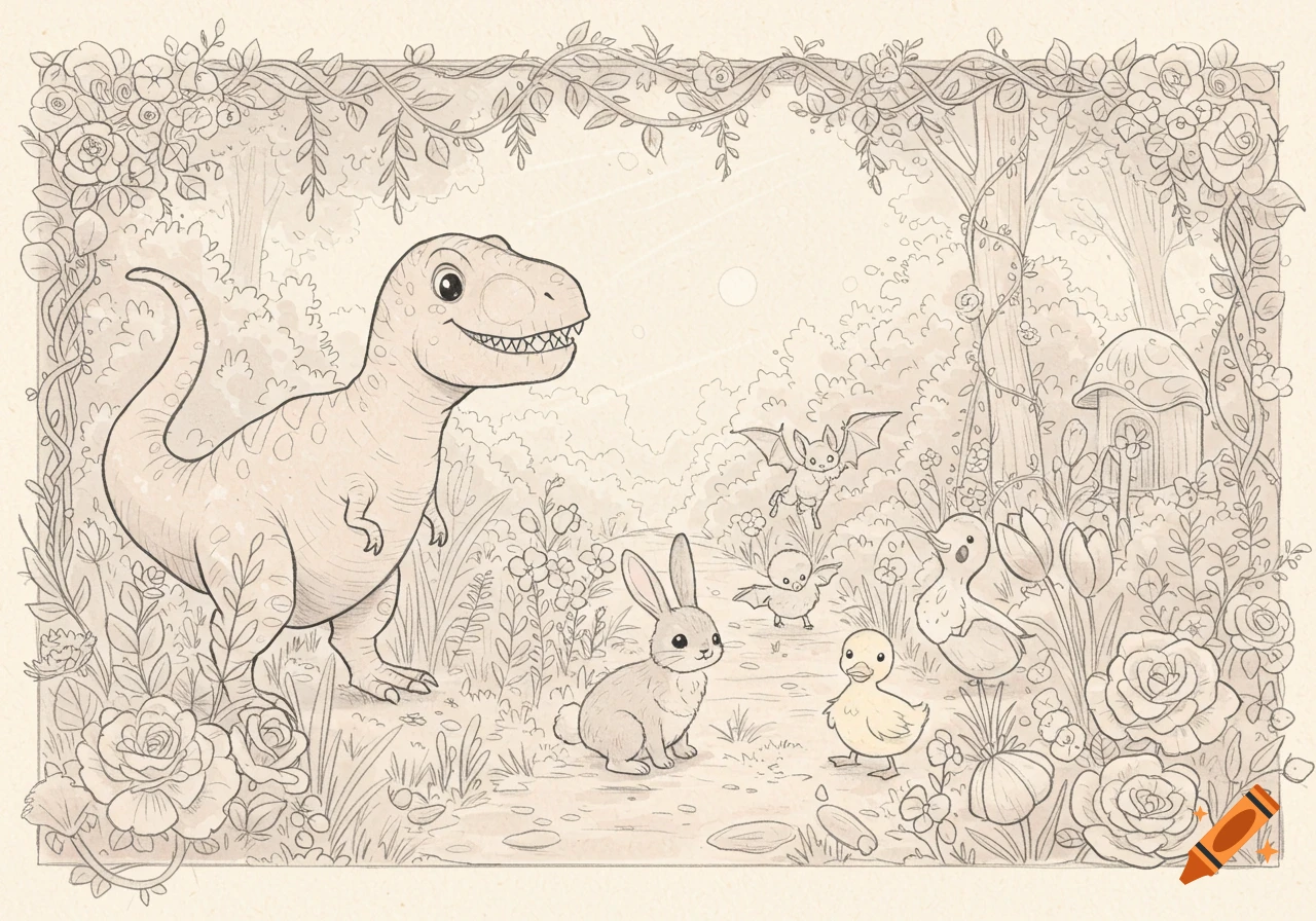 Line art illustration of a smiling T-Rex, bunny, duckling, and bats in a whimsical, floral forest, with a vine border.