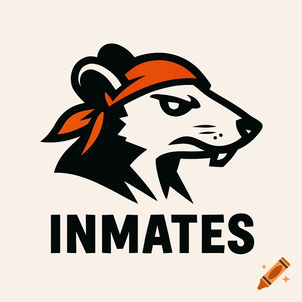 A black, white, and orange logo of a stylized rat head wearing an orange bandana, with the word INMATES below.