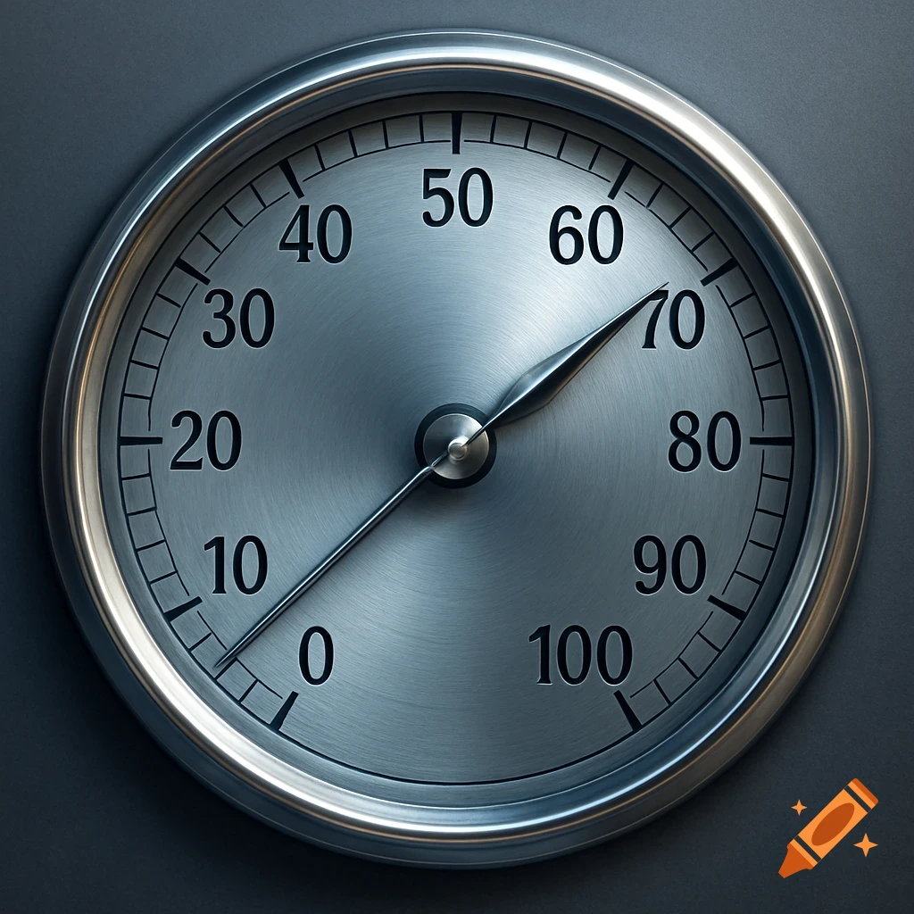 A close-up, photorealistic image of a round, brushed metal gauge with numbers from 0 to 100, featuring a needle pointing towards 70.