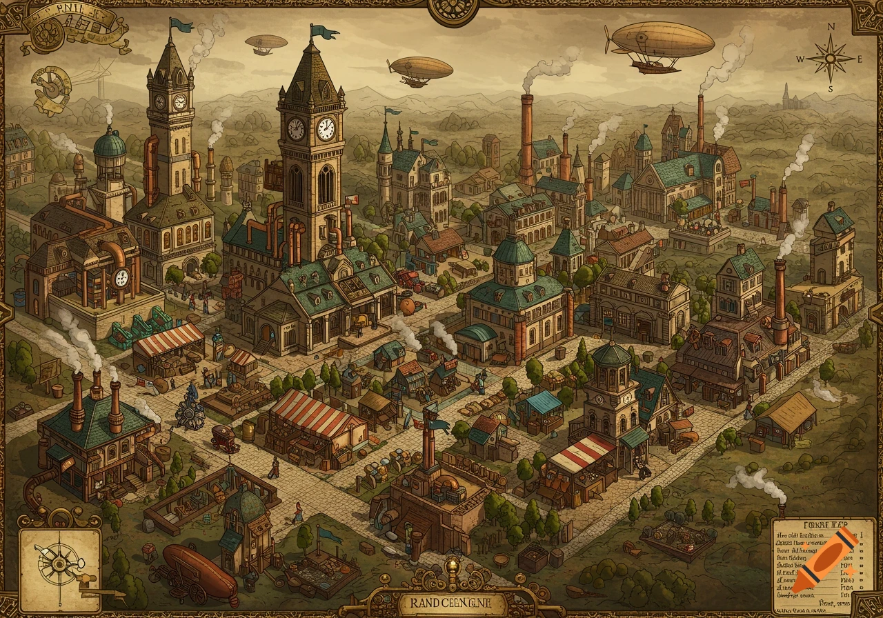 An isometric, highly detailed steampunk city map with clock towers, factories emitting smoke, airships, and market stalls.