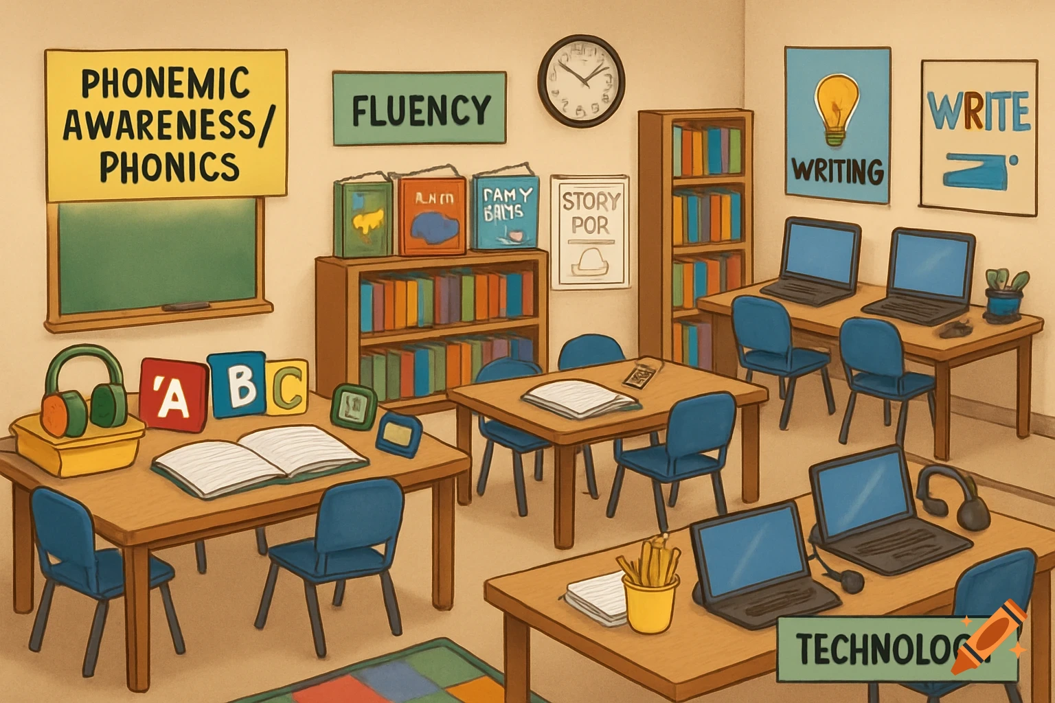 An illustration of an organized classroom with five clearly labeled small group learning centers, including phonics, fluency, writing, and technology.
