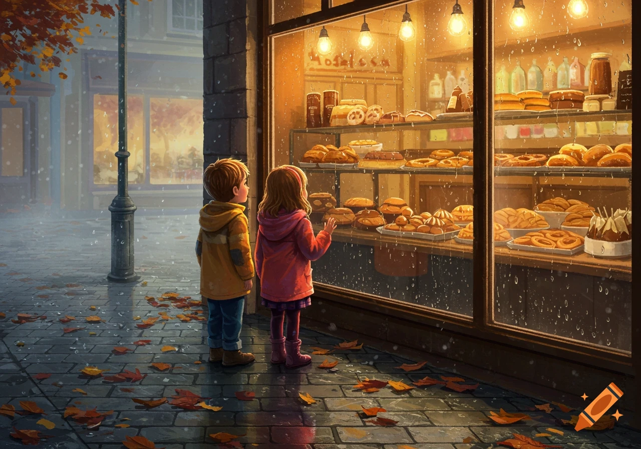 A boy and a girl stand outside a bakery on a rainy autumn day, looking at pastries in the illuminated window.