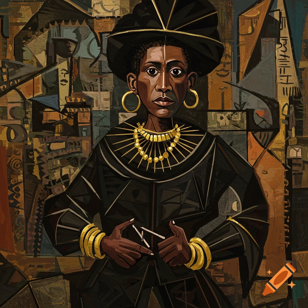 Cubist portrait of a Black woman in black and gold attire, against an abstract background.
