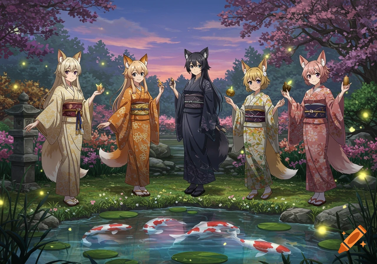 Five anime girls with animal ears and tails in colorful kimonos stand in a stylized Japanese garden with cherry blossoms, a koi pond, and glowing fireflies.