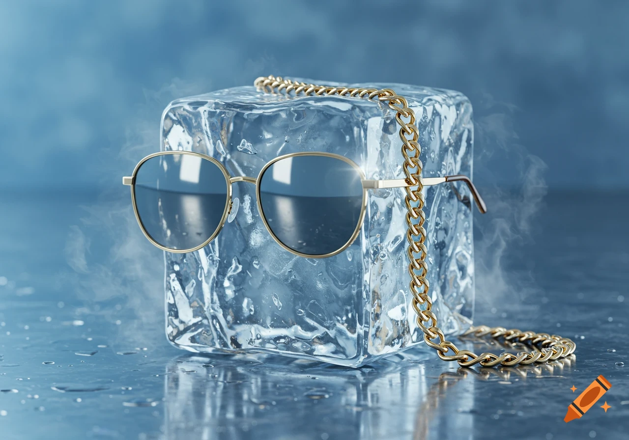 A large, clear ice cube wearing gold-rimmed sunglasses and a gold chain, with vapor rising around it on a wet surface, photorealistic.