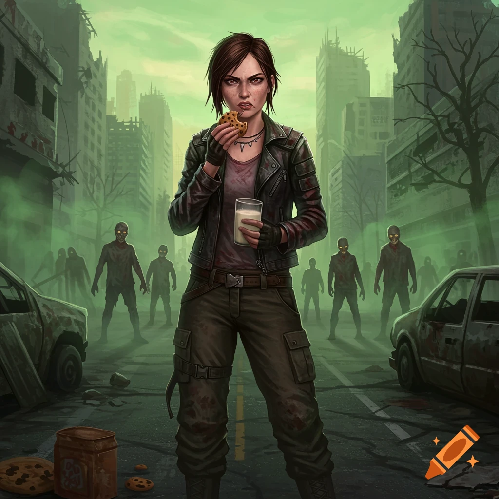 A tough woman eats a cookie and drinks milk in a ruined city street, with zombies emerging from green fog in the background. Digital illustration.