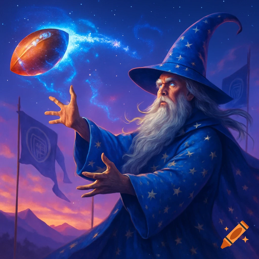 A powerful wizard in a blue, star-spangled robe and hat levitates an American football with magical energy against a vibrant twilight sky.