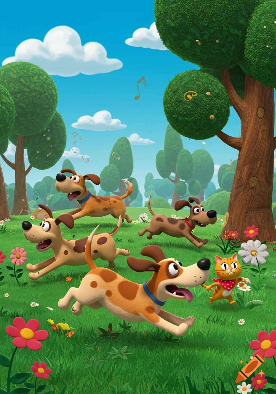 A cartoon pack of dogs with a cat running through a green field with trees and flowers under a blue sky.