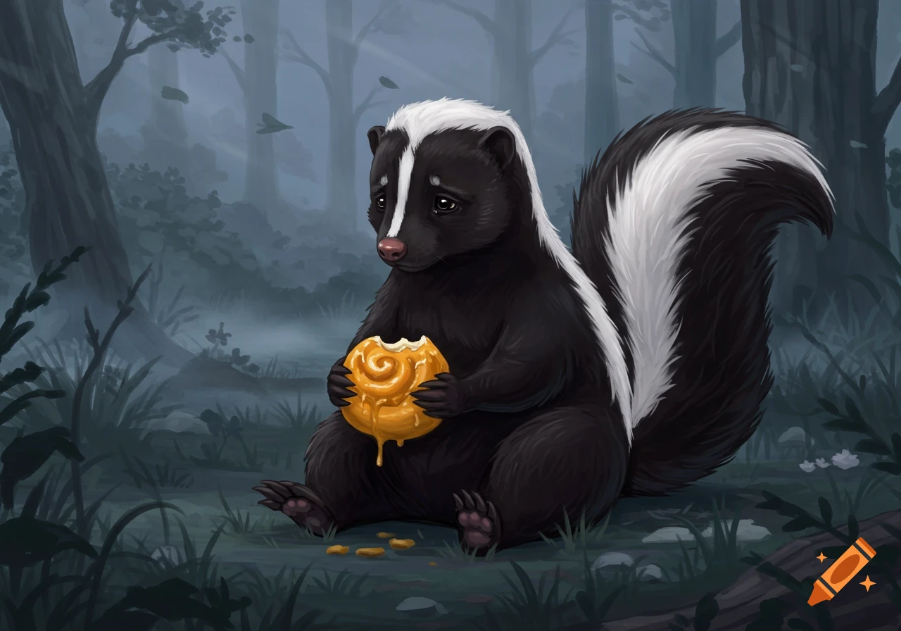 A sad skunk sits in a dark forest, holding and eating a drippy honey bun in a digital art style.