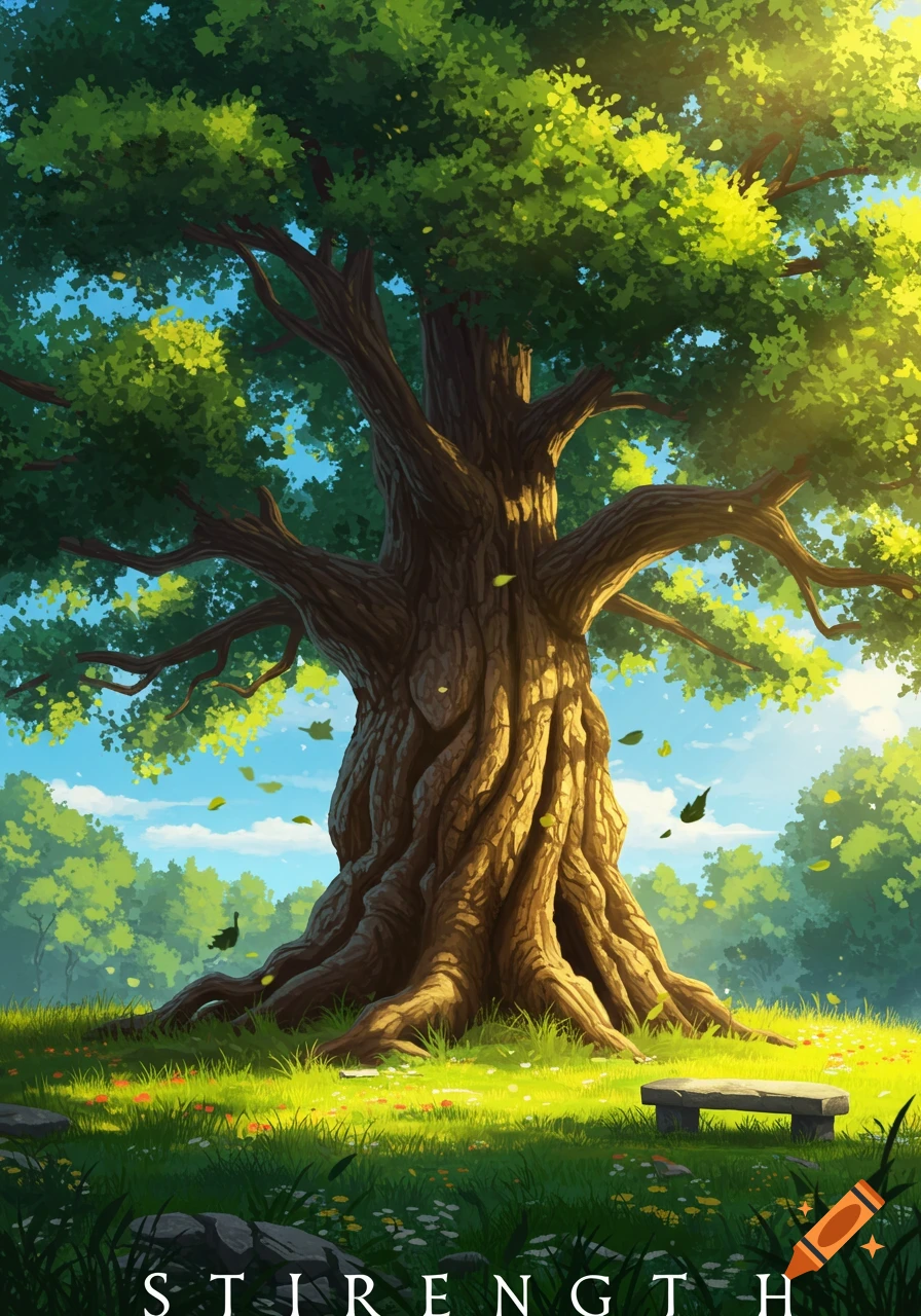 A vibrant, stylized illustration of a massive, ancient tree bathed in sunlight in a lush green field with a stone bench.