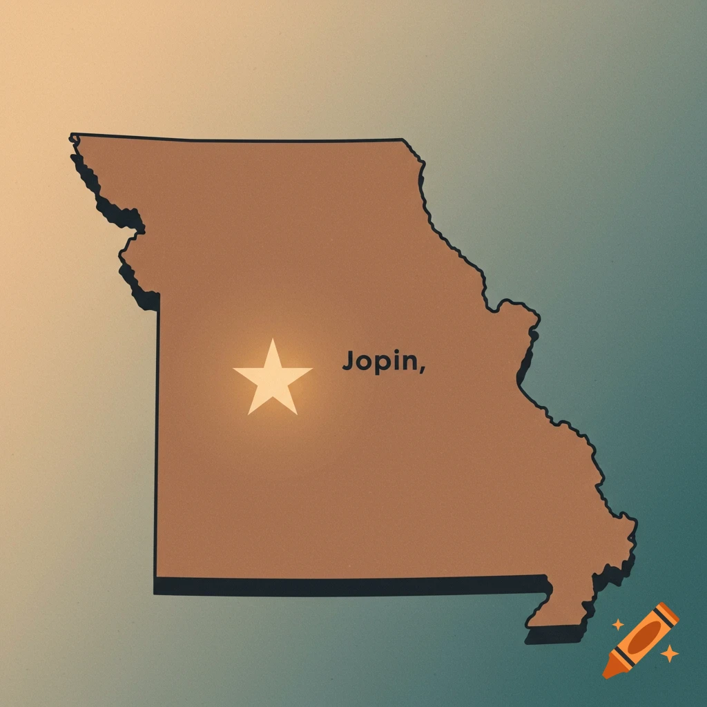 A stylized map of Missouri in brown, with a glowing white star indicating the city of Joplin.