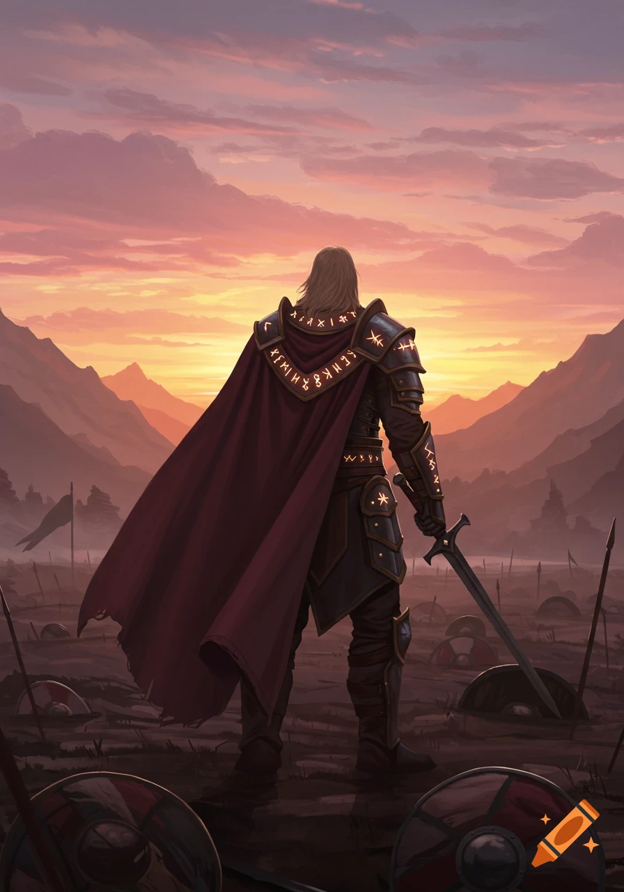 A warrior in dark armor and a long red cape stands on a battlefield holding a sword, overlooking mountains at sunset.