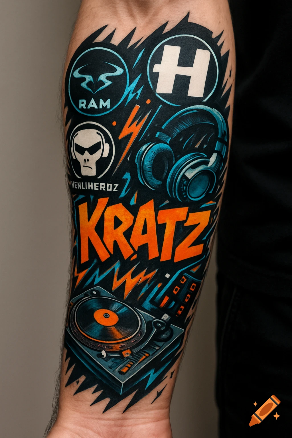 A colorful tattoo on a forearm featuring a collage of drum and bass themed elements: a turntable, headphones, various stylized logos including "RAM" and an "H", and the word "KRATZ" in orange graffiti-style letters, all on a dark background with blue and orange lightning accents.