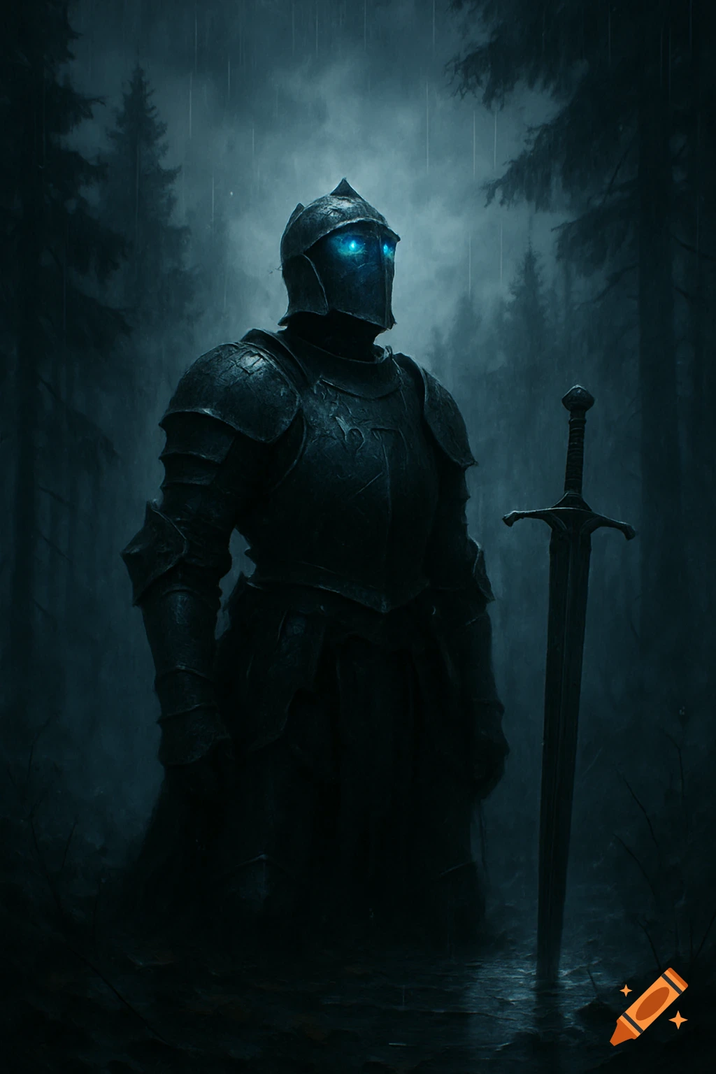 A dark armored knight with glowing blue eyes stands in a rainy, fog-covered forest, a sword planted beside them.