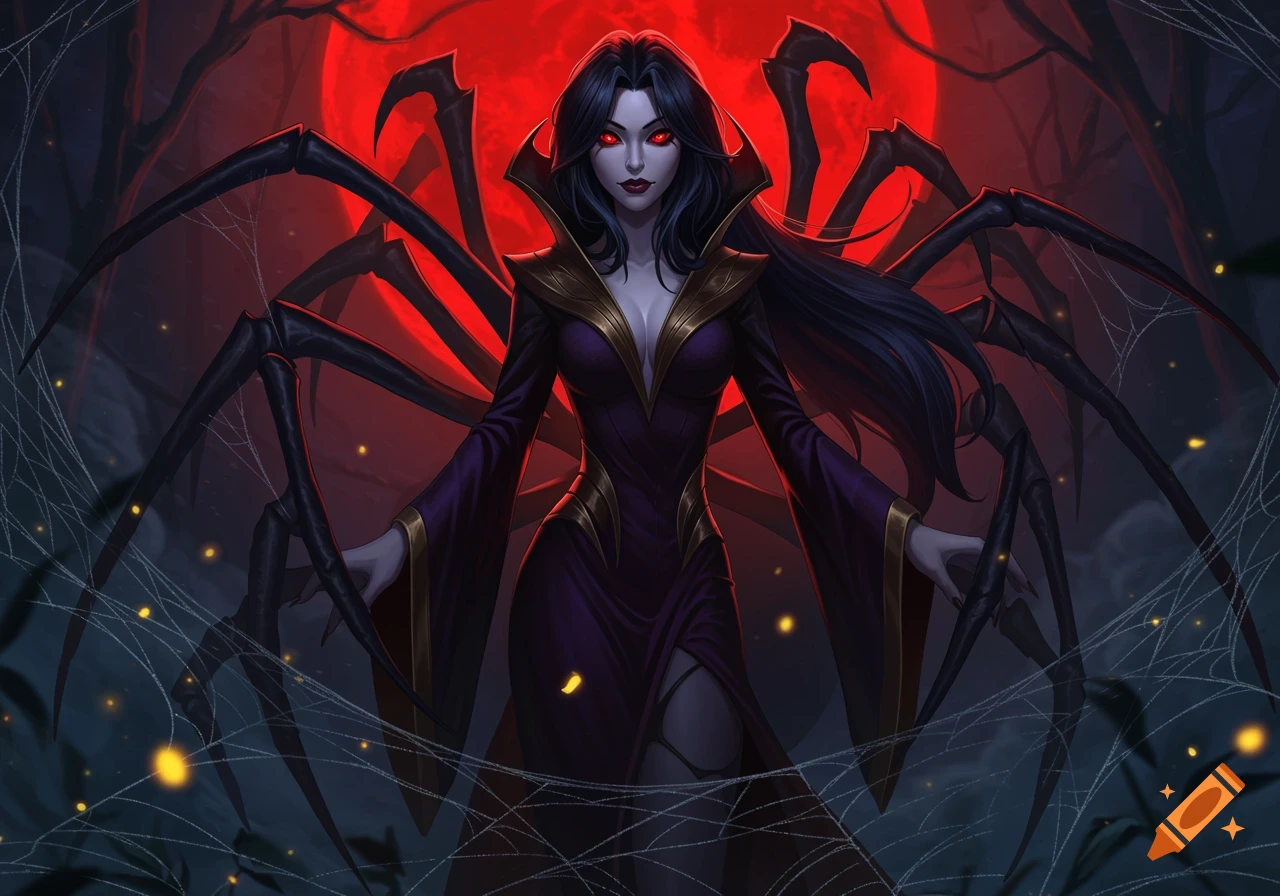 A dark fantasy illustration of a woman with red eyes and long dark hair, wearing a purple dress, with spider legs emerging from her back, standing against a red moon.