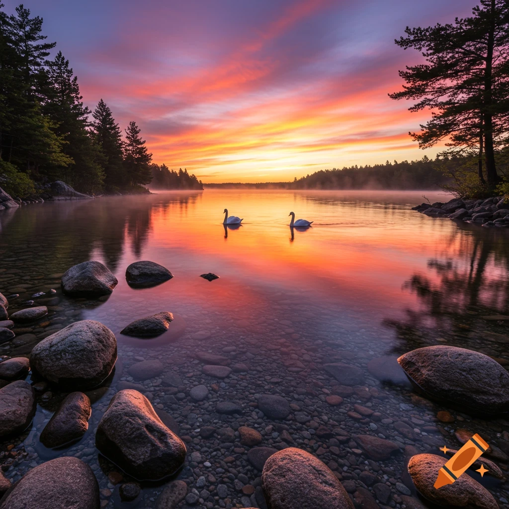 Two swans on a serene lake reflecting a vibrant orange and purple sunrise, with large rocks in the clear foreground water.