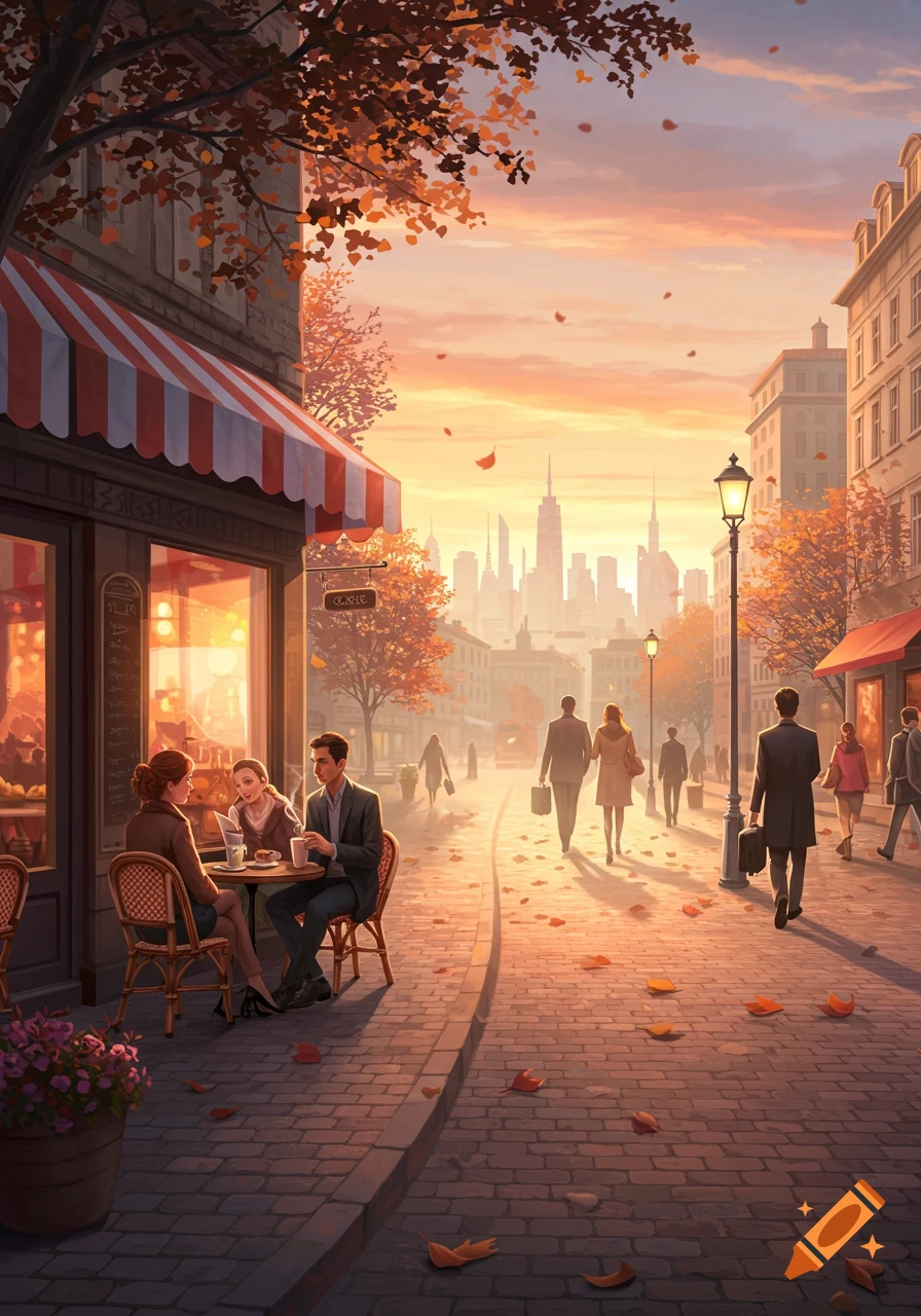 A vibrant autumn street scene with people sitting at an outdoor cafe and walking on a cobblestone street, with a distant city skyline under a sunset sky.