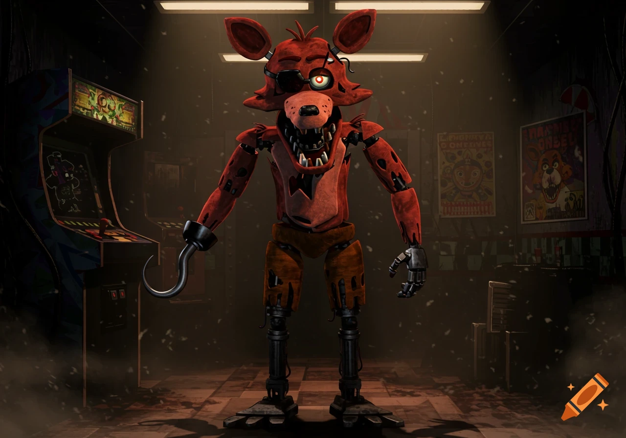 A menacing red fox animatronic with a hook for a hand stands in a dimly lit arcade room with posters on the walls.
