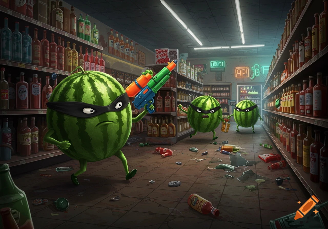 Cartoon watermelons in masks, one holding a squirt gun, appear to be robbing a liquor store with broken bottles on the floor.