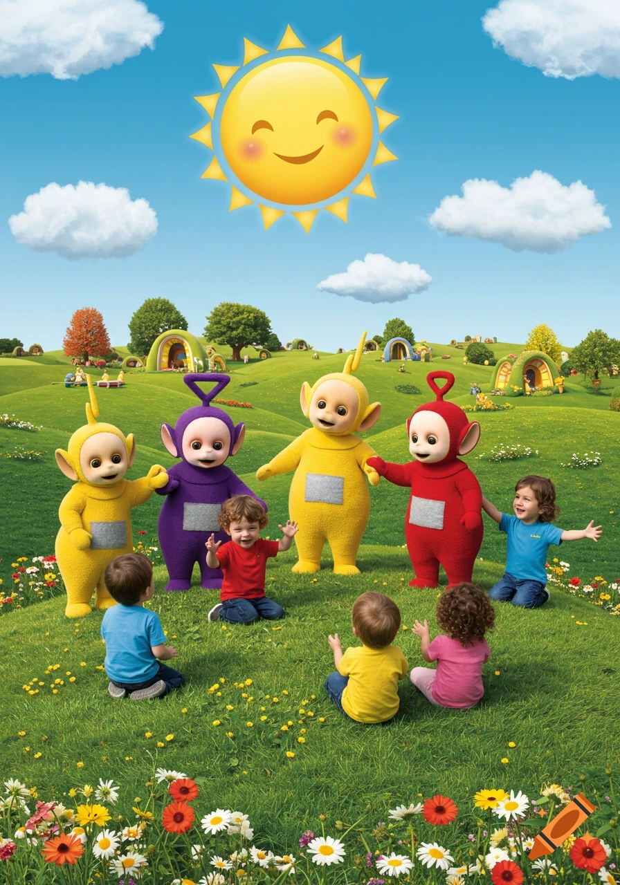 Four Teletubbies and several children playing in a bright green, hilly landscape under a smiling sun.