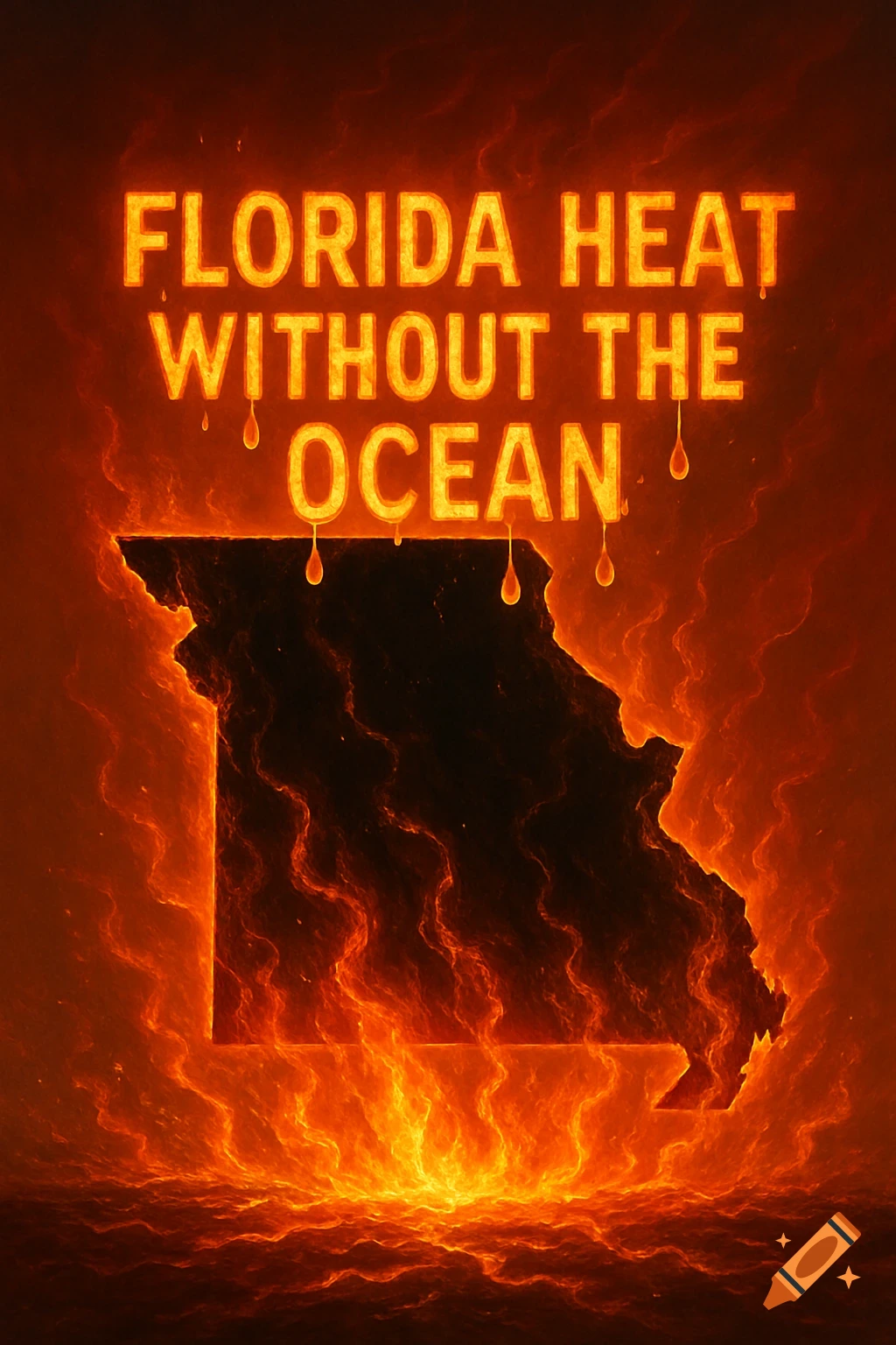 Outline of Missouri glowing hot orange with flames rising, under text "FLORIDA HEAT WITHOUT THE OCEAN" that appears to drip.