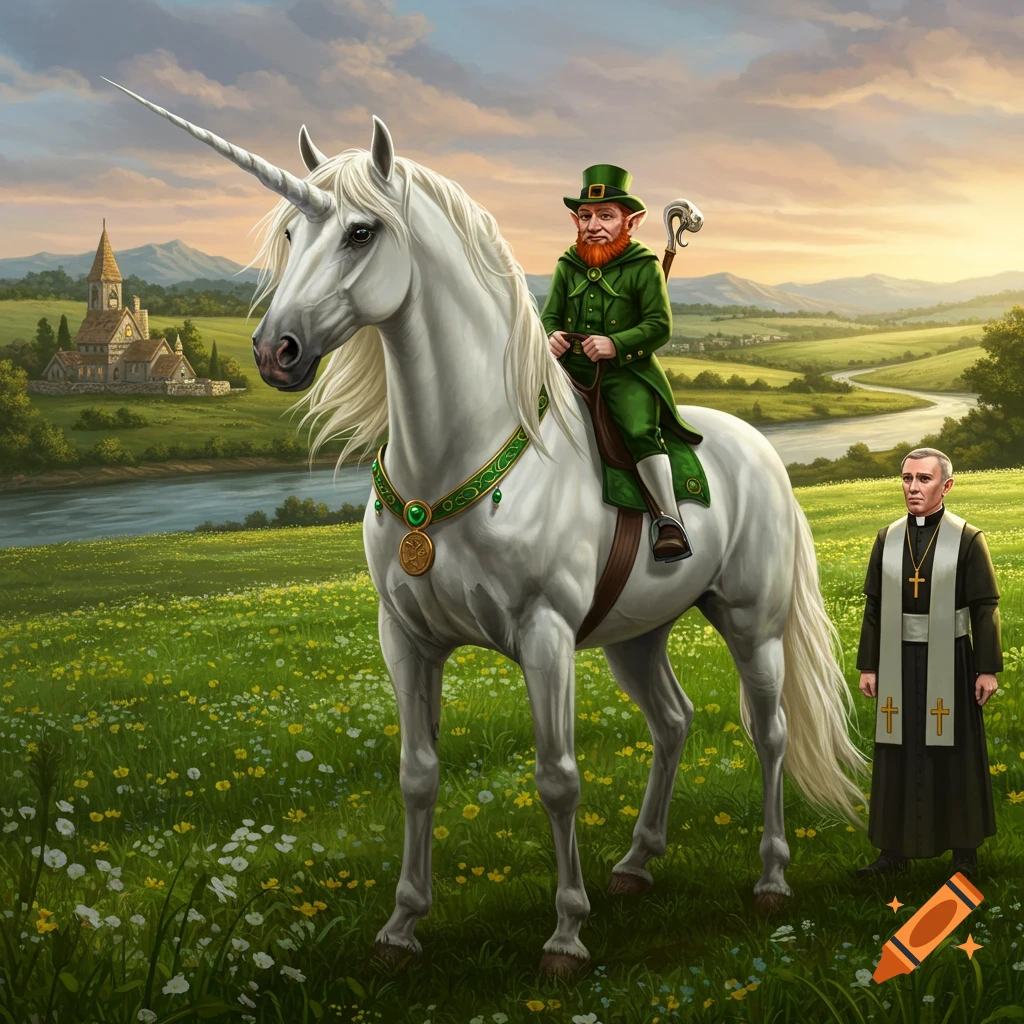 A leprechaun rides a white unicorn, accompanied by a priest, in a green field with a river and medieval village. Digital art.