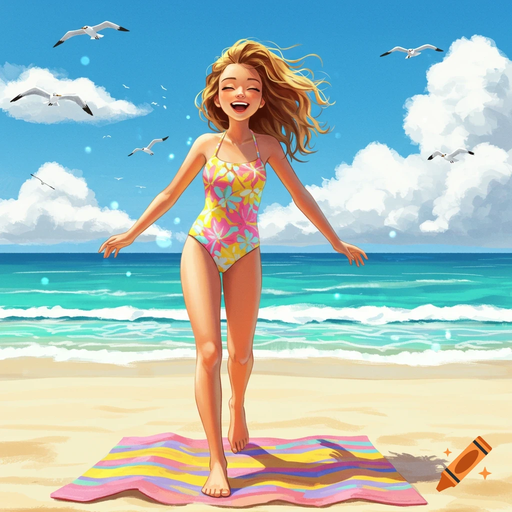 A happy blonde girl in a colorful swimsuit runs on a sandy beach, with a striped towel on the sand and seagulls in the bright blue sky. Illustrated style.