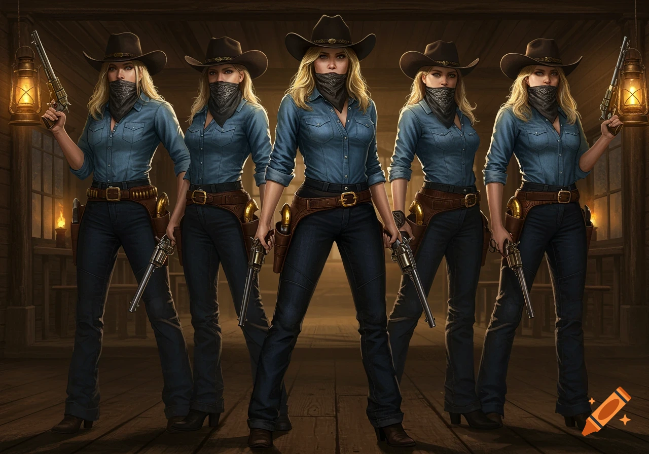 Five blonde women dressed as cowgirls stand in a saloon, wearing denim shirts, cowboy hats, and bandanas, holding revolvers.