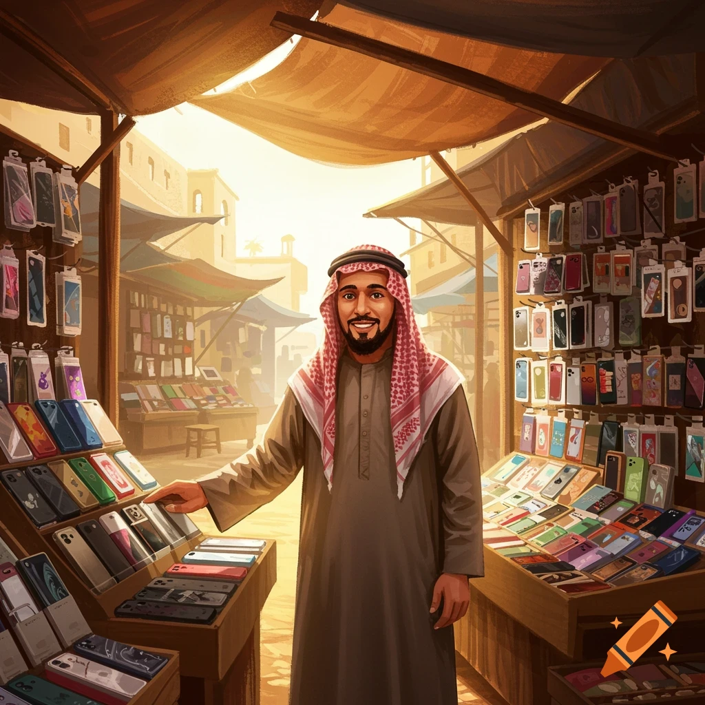 A smiling Muslim man in traditional attire stands in a bustling market stall filled with colorful phone cases under a warm, sunlit awning.