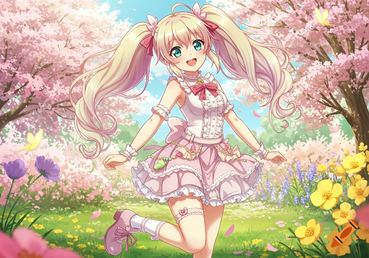 An anime girl with blonde pigtails and a pink dress smiles happily in a vibrant spring garden filled with cherry blossoms and flowers.
