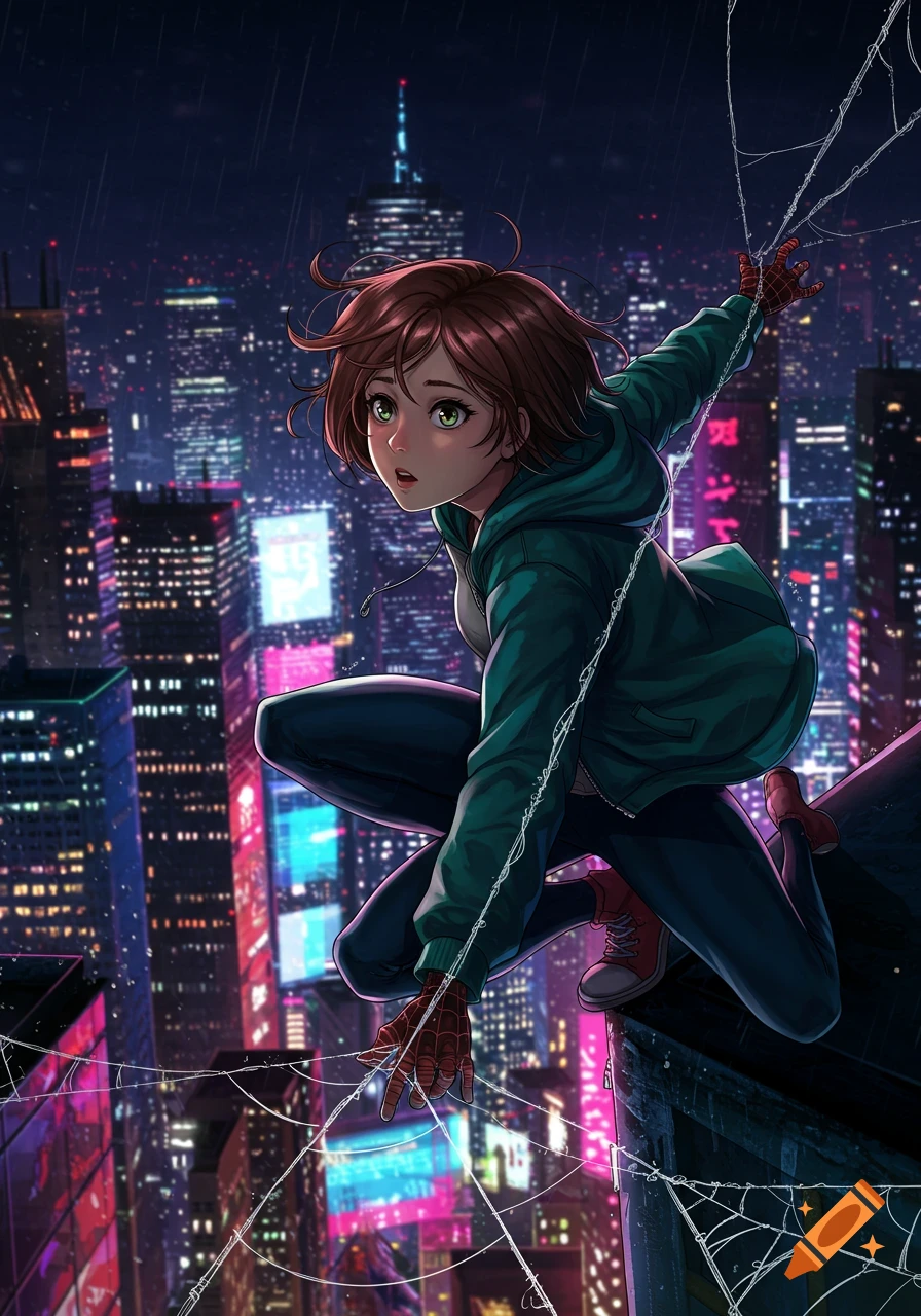Anime Spider-Girl with brown hair and a green hoodie crouches on a rainy rooftop, overlooking a vibrant, neon-lit city at night.