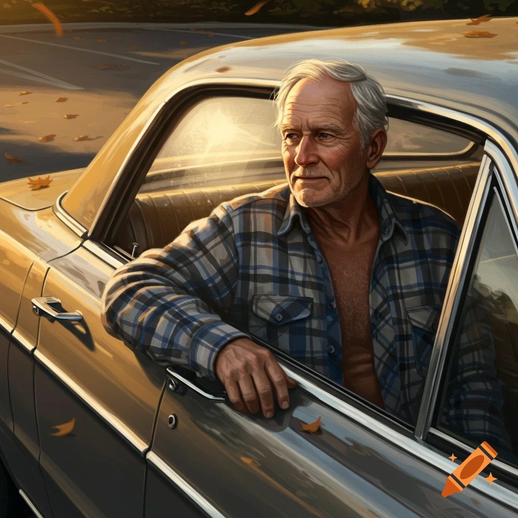 Photorealistic image of an elderly man with gray hair, in an open plaid shirt, leaning out of a classic car window in an autumn setting.