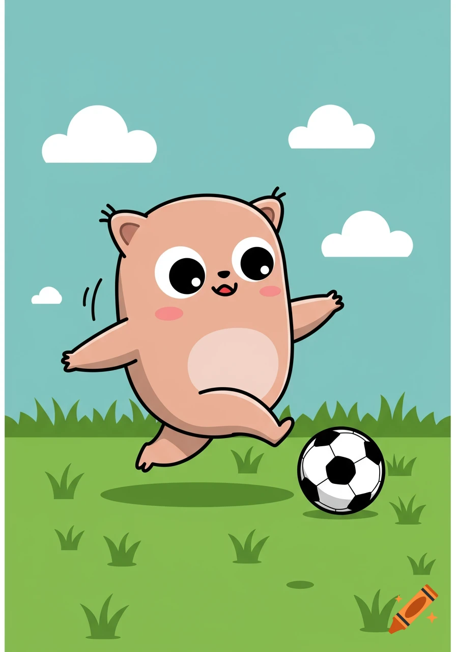 A cute, light brown cartoon creature with big eyes and small ears runs on a green field, kicking a black and white soccer ball under a blue sky with white clouds.