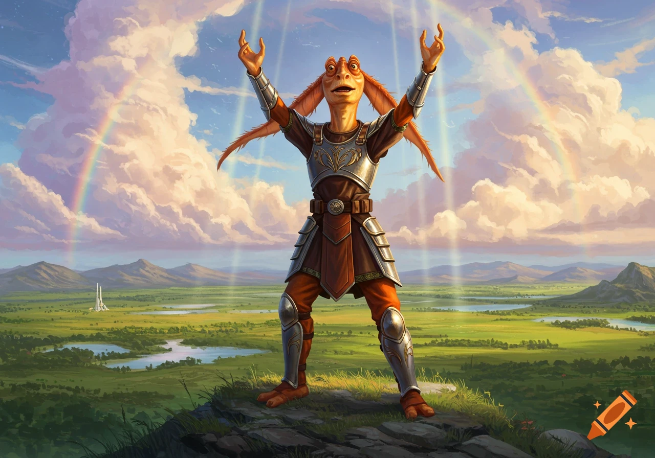 Jar Jar Binks in knight's armor, arms raised on a hill overlooking a vibrant landscape with a rainbow.