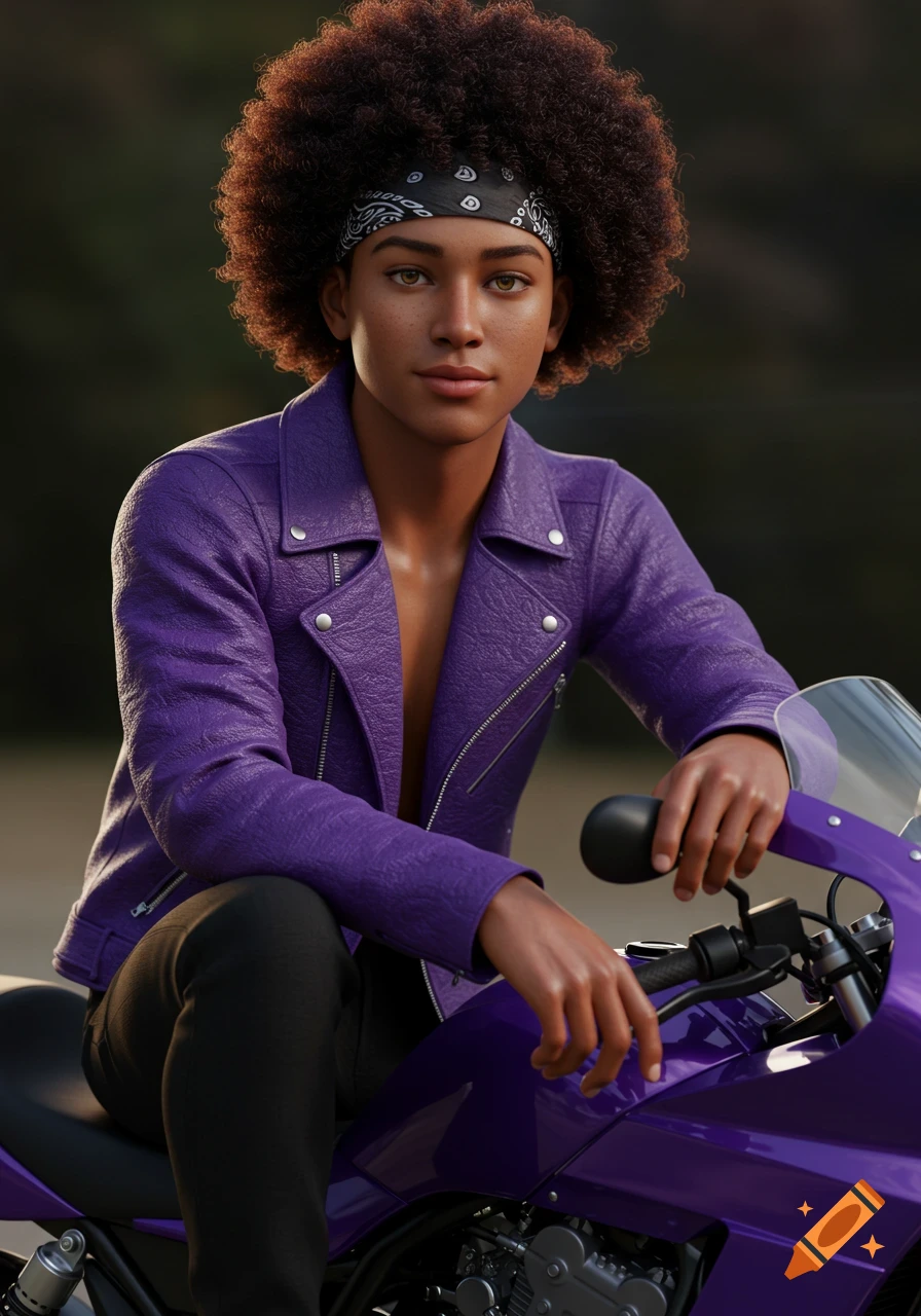A young person with curly hair and a bandana wears a purple leather jacket while sitting on a purple motorcycle. Photorealistic style.