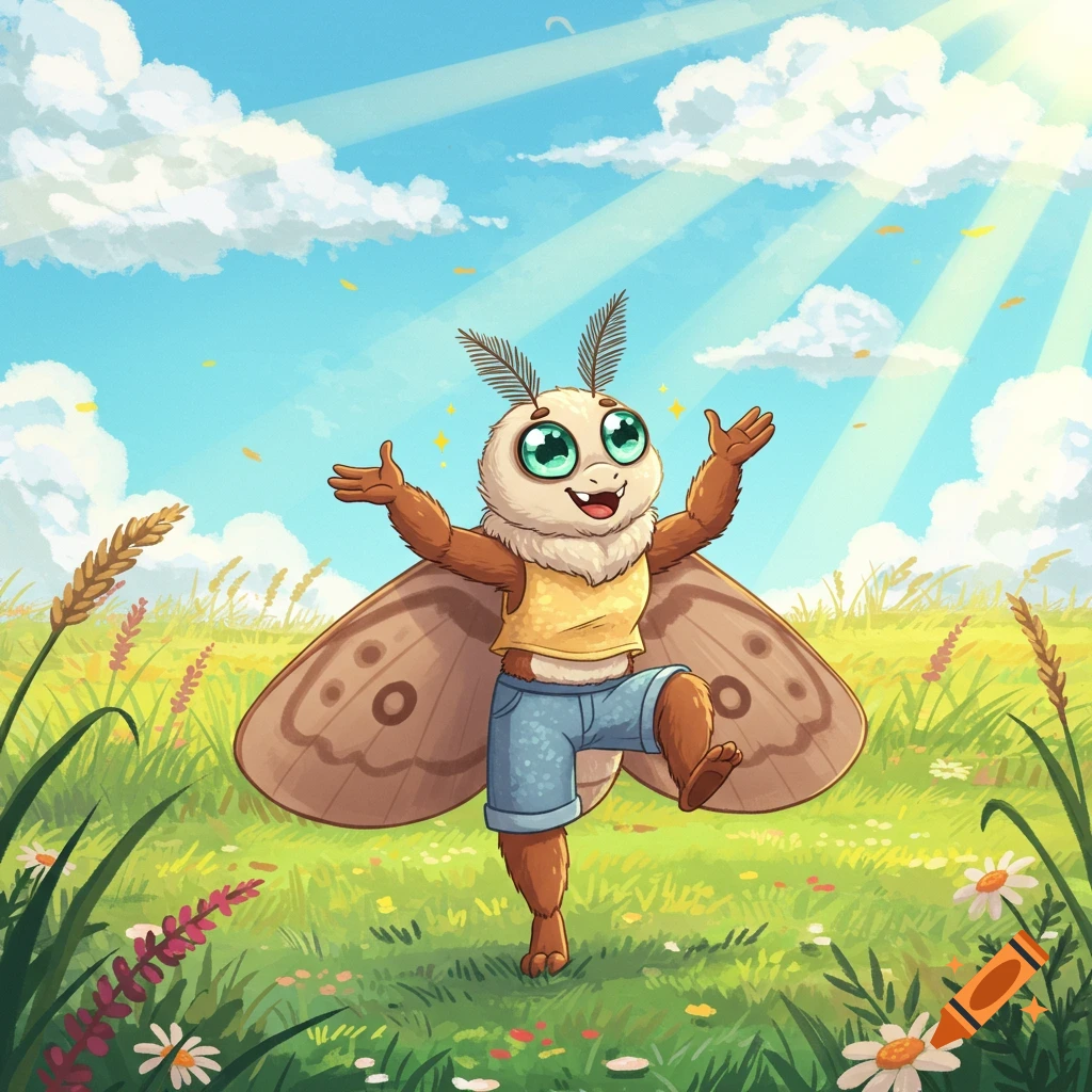 A happy cartoon anthropomorphic moth in a yellow shirt and jean shorts stands with arms outstretched in a sunny green field.
