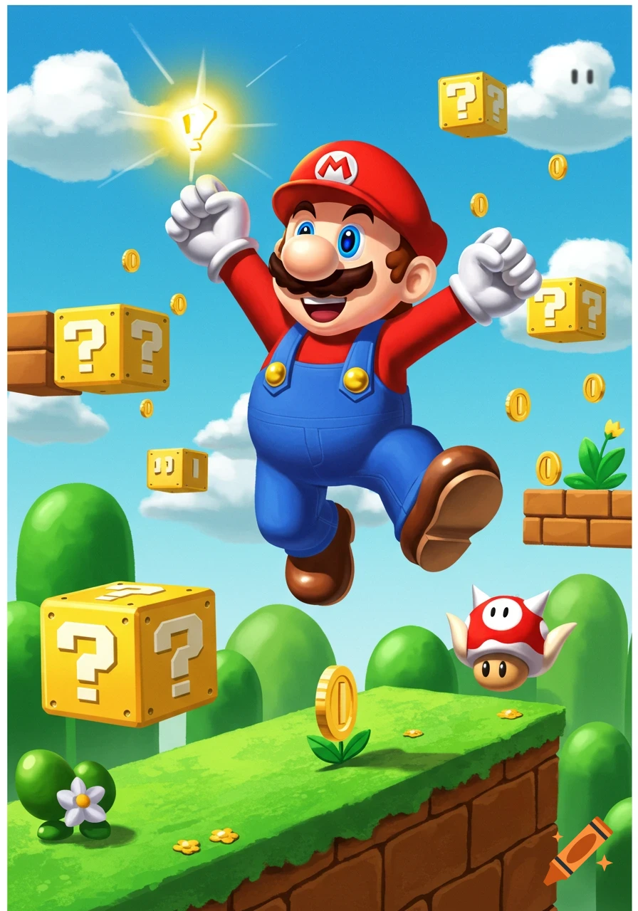 Mario jumps excitedly under a bright sun, surrounded by floating question blocks, coins, and a mushroom enemy in a vibrant cartoon landscape.