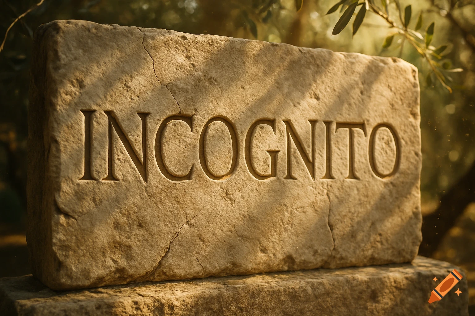 The word INCOGNITO carved into a rectangular limestone slab, bathed in golden sunlight under leafy trees.