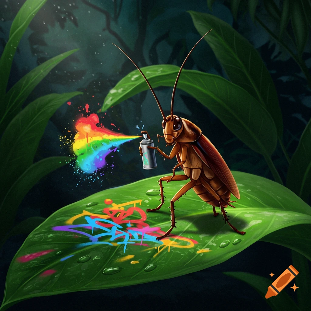 A cartoon cockroach stands on a large green leaf, spraying colorful rainbow graffiti with a spray can.
