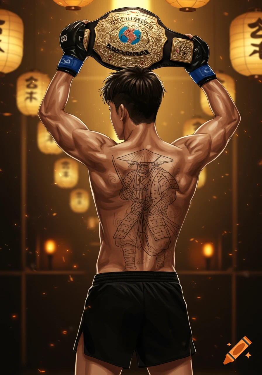 A muscular Korean man with a samurai back tattoo holds a championship belt over his head, standing in front of illuminated lanterns.